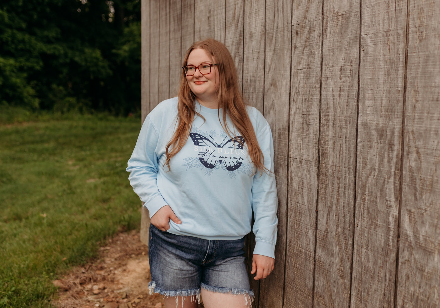She Flies With Her Own Wings Lightweight Crewneck Sweatshirt in Light Blue