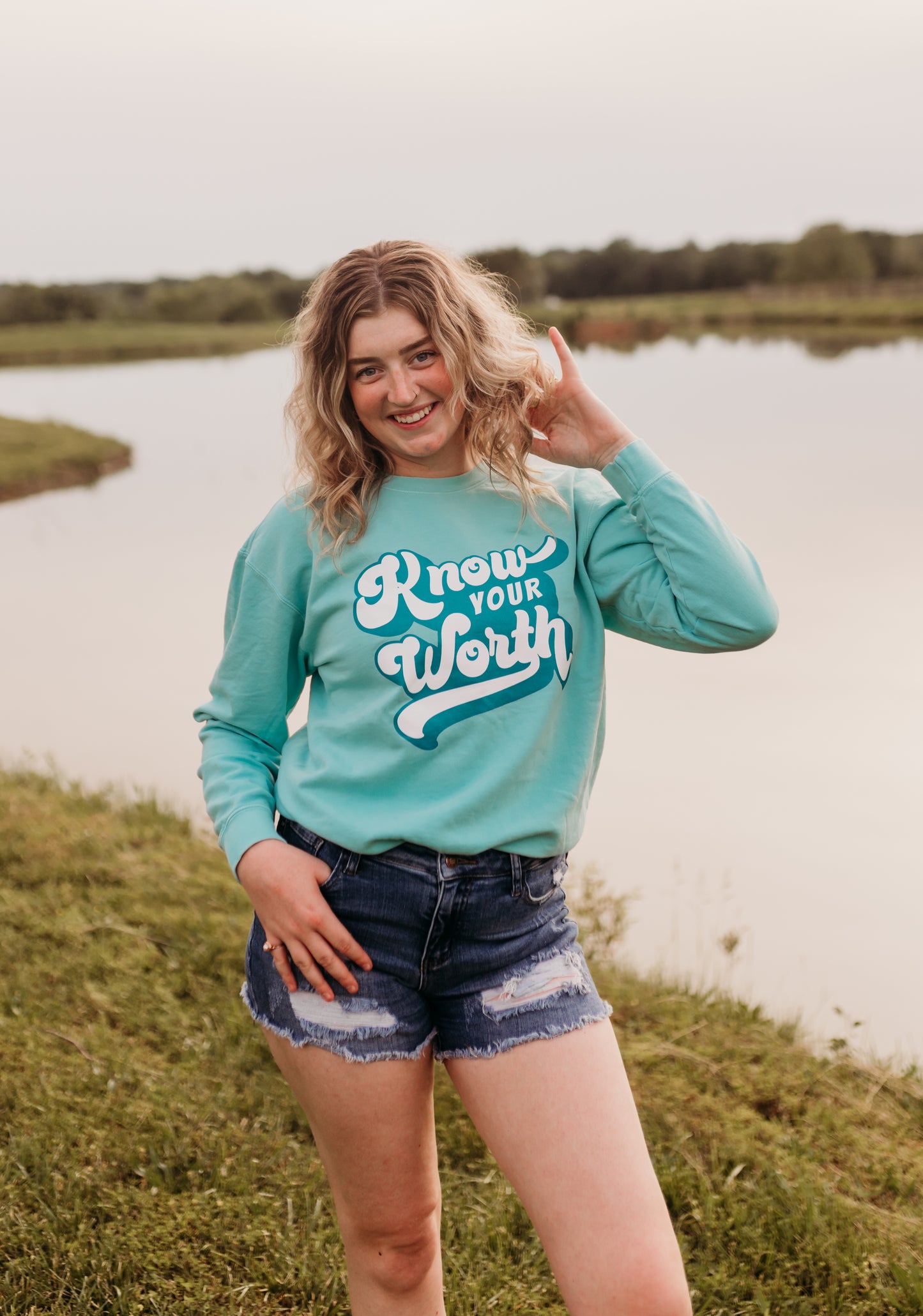 Know Your Worth Lightweight Crewneck Sweatshirt in Bright Turquoise