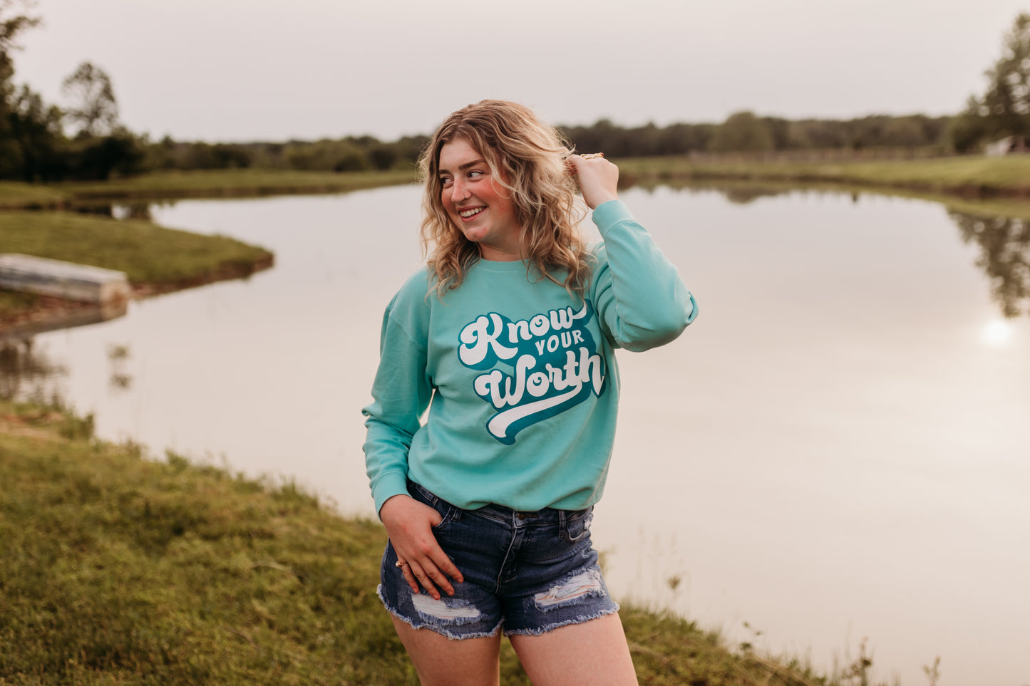 Know Your Worth Lightweight Crewneck Sweatshirt in Bright Turquoise