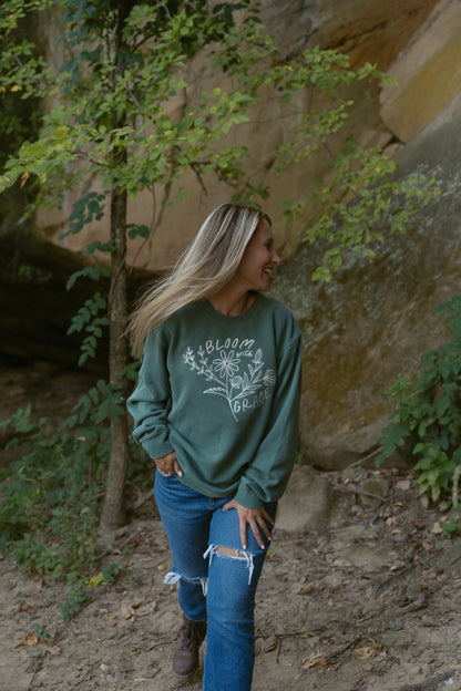 Bloom With Grace Crewneck in Alpine Green