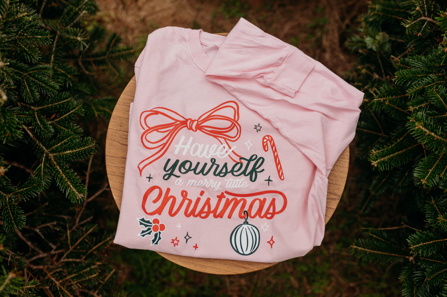 Merry Little Christmas Long Sleeve Tee in Light Pink