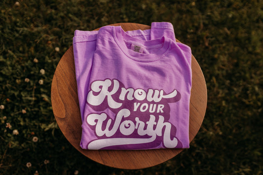 Know Your Worth Tee in Neon Violet