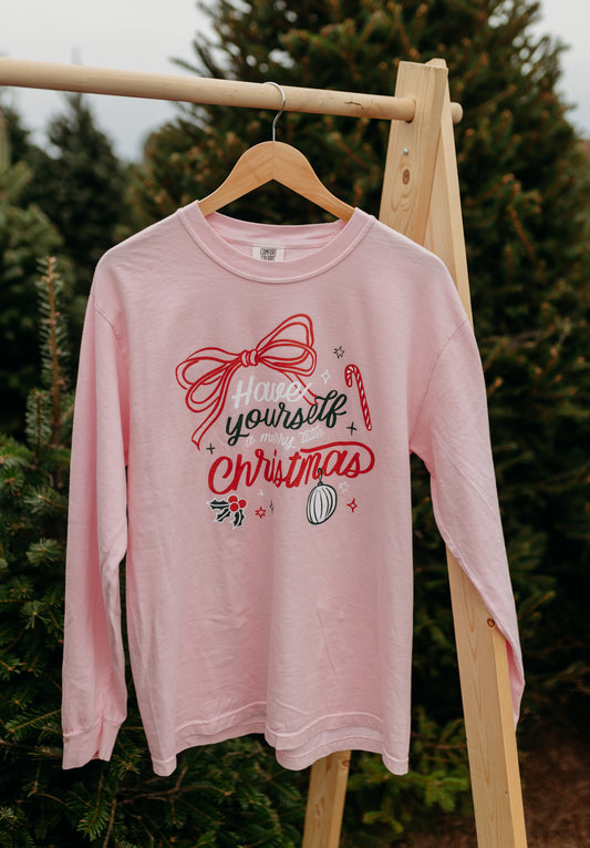 Merry Little Christmas Long Sleeve Tee in Light Pink