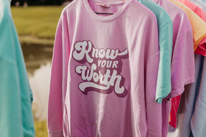 Know Your Worth Lightweight Crewneck Sweatshirt in Neon Violet