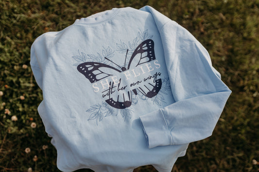 She Flies With Her Own Wings Lightweight Crewneck Sweatshirt in Light Blue