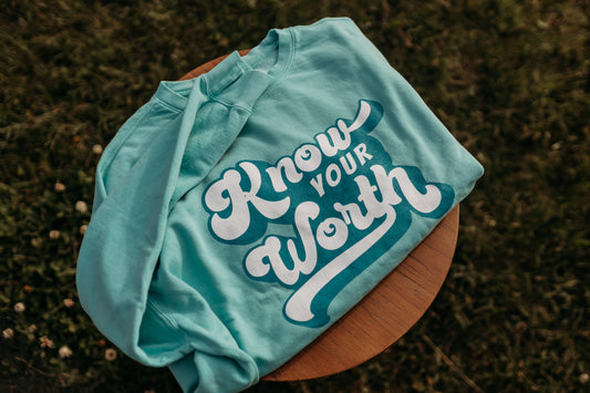 Know Your Worth Lightweight Crewneck Sweatshirt in Bright Turquoise