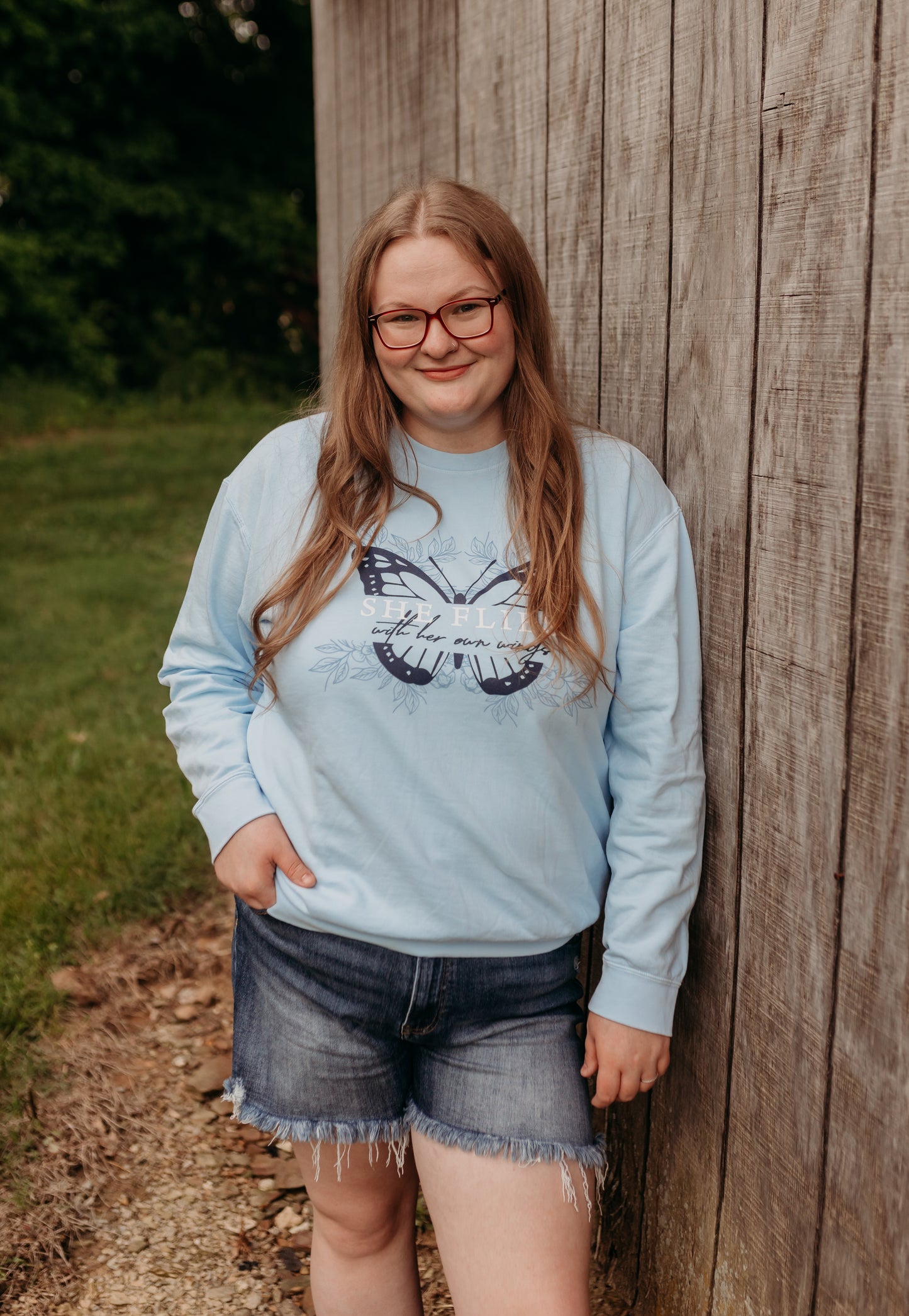 She Flies With Her Own Wings Lightweight Crewneck Sweatshirt in Light Blue