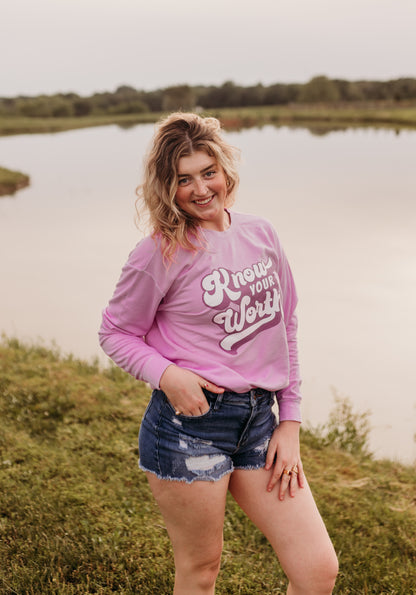 Know Your Worth Lightweight Crewneck Sweatshirt in Neon Violet